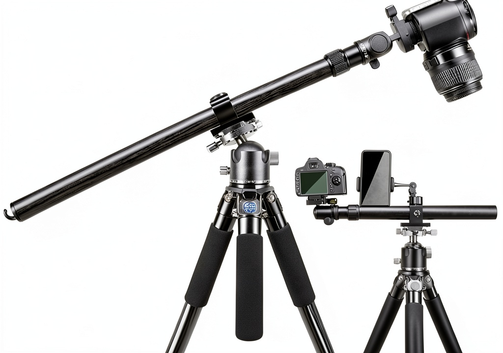 Photographer using Dilwe retractable tripod arm for overhead lighting