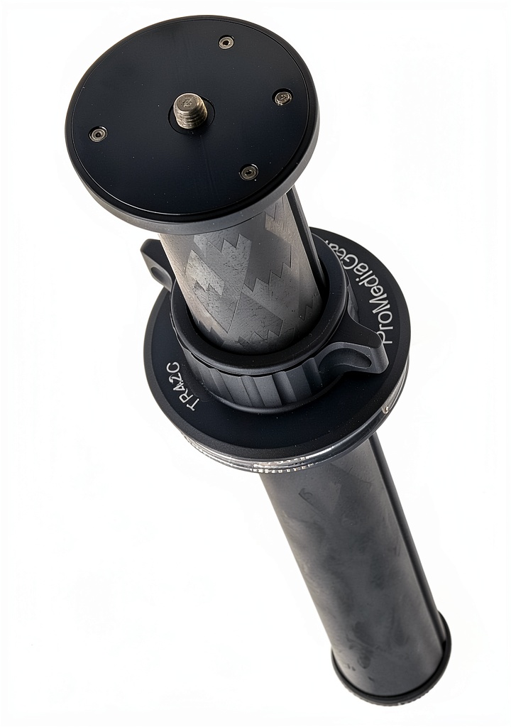 ProMediaGear carbon fiber tripod column being set up on a wooden desk with a DSLR and lens attached